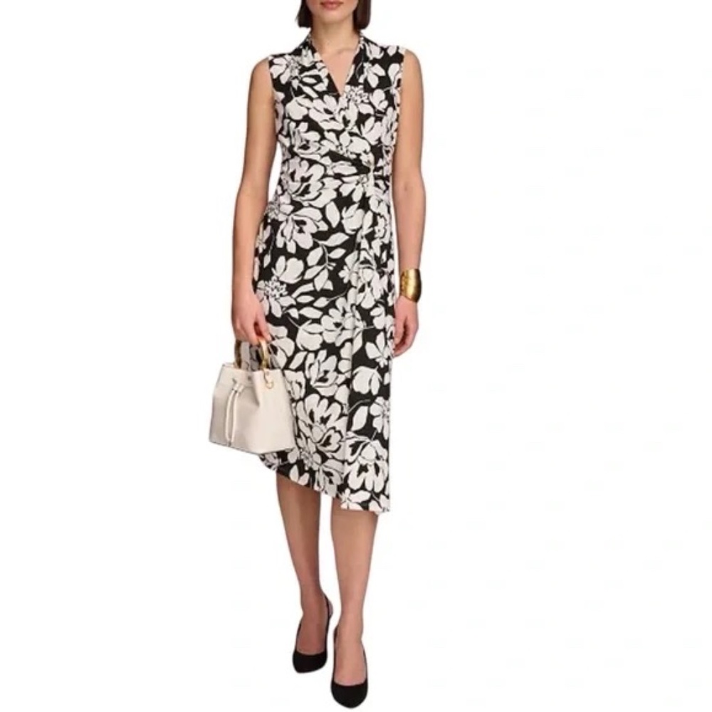 Donna Karan Floral Black and White Dress V-Neck Faux Wrap Size 14
